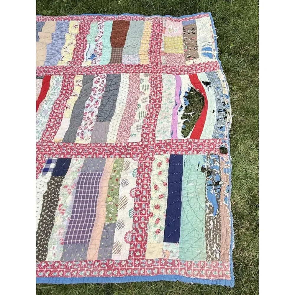 Antique Vtg 1920’s CRAZY QUILT Multi-Color Feed Sack Cowboys 78” **Needs Repair